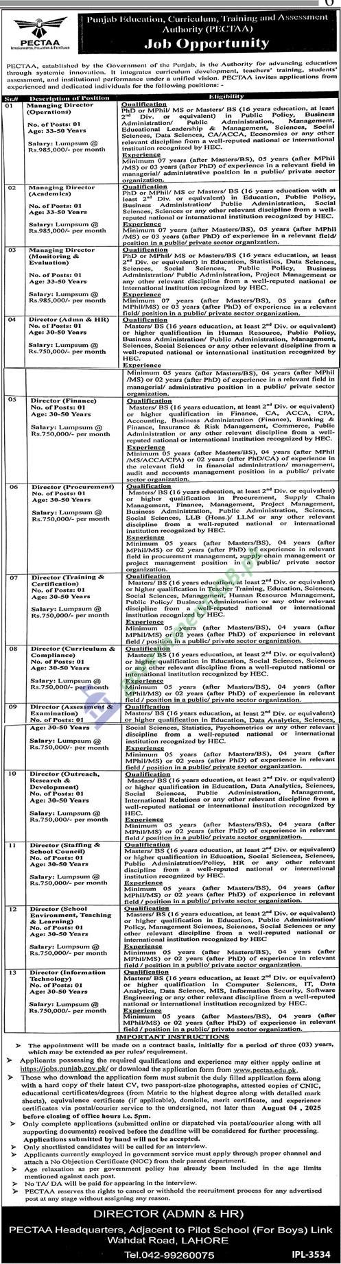 Multiple Director-Level Positions at Punjab Education, Curriculum, Training, and Assessment Authority (PECTAA) – Apply by August 9, 2025